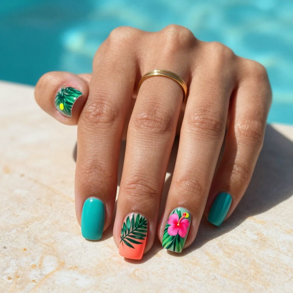 Tropical leaf and bloom nail design