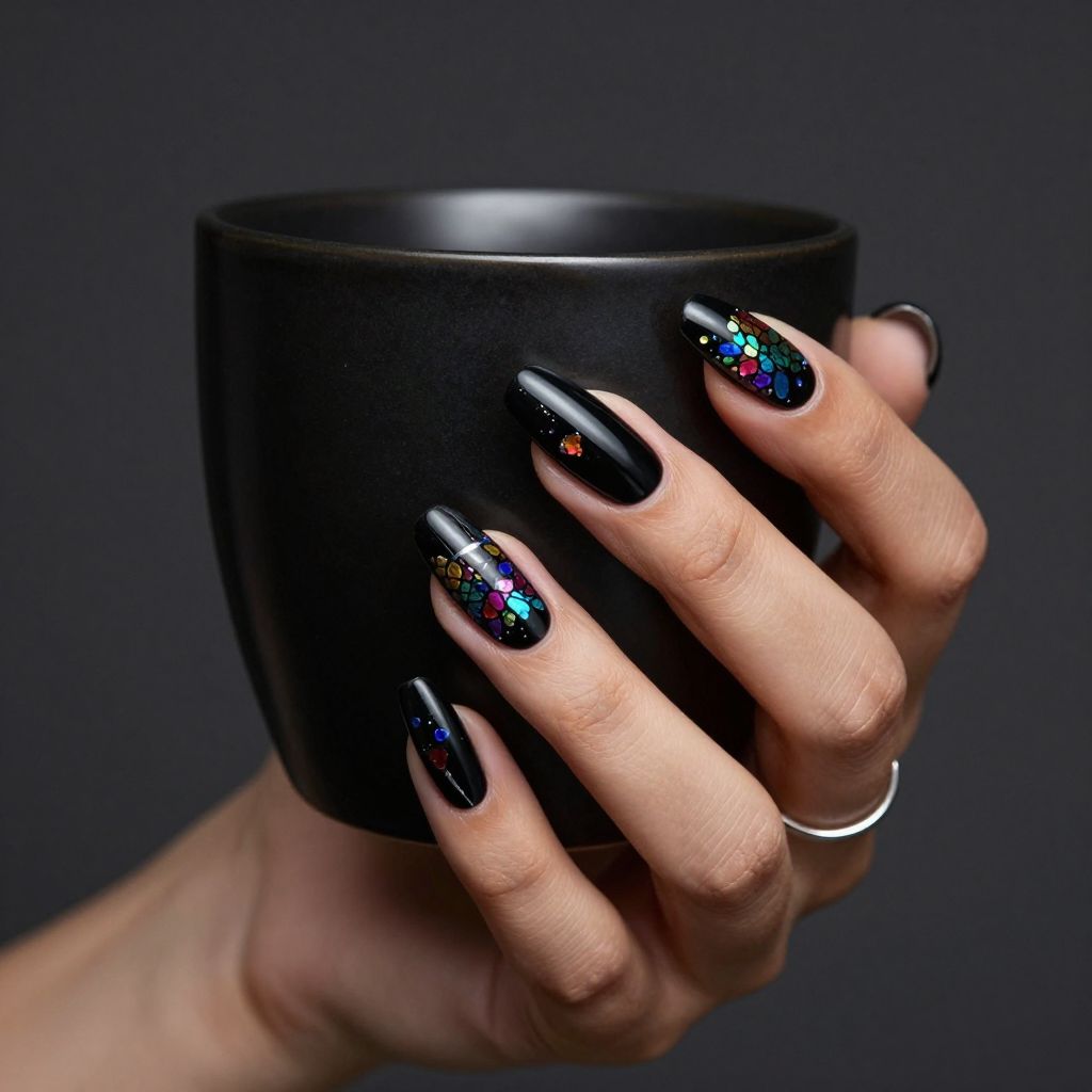 Black base floral foil nail art