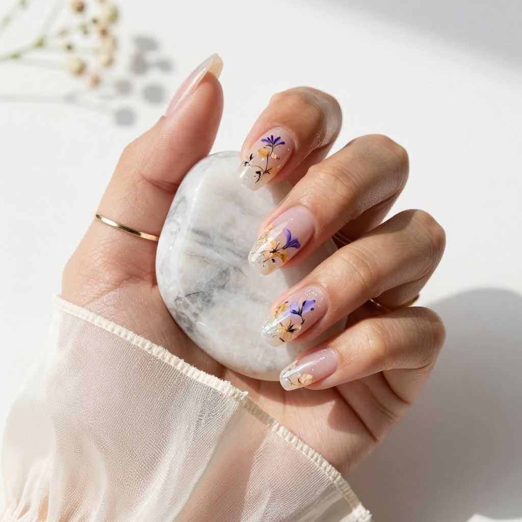 Pressed flower encapsulated gel nails