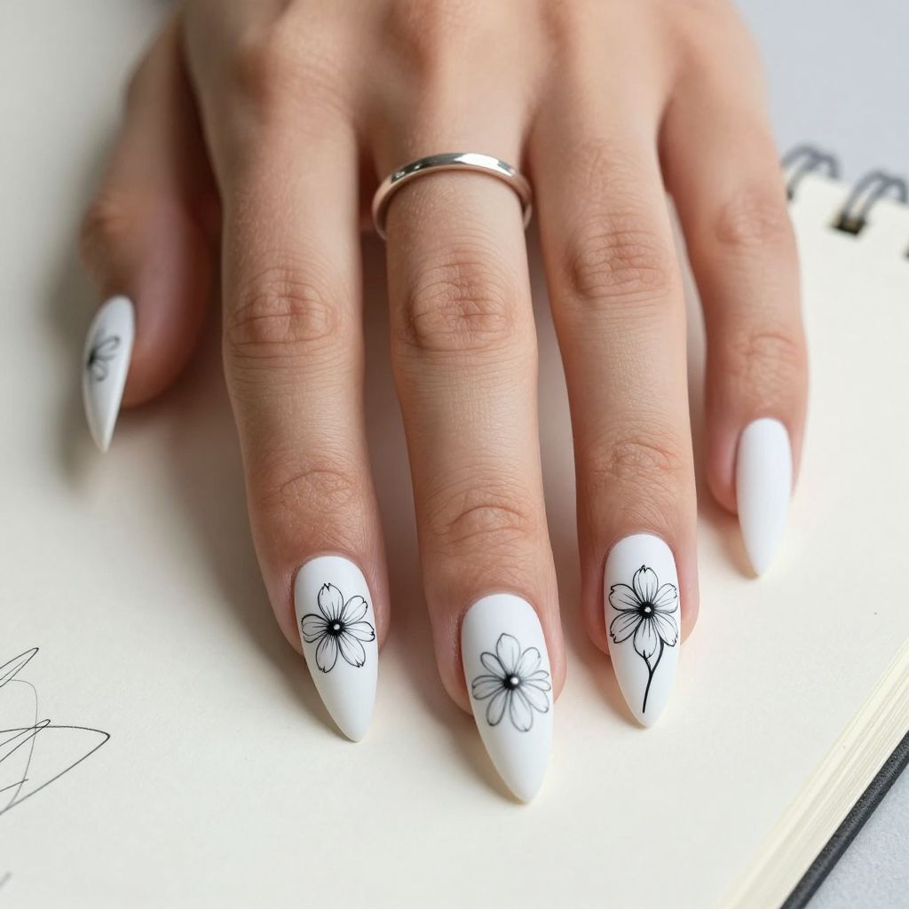Monochrome line art floral nails
