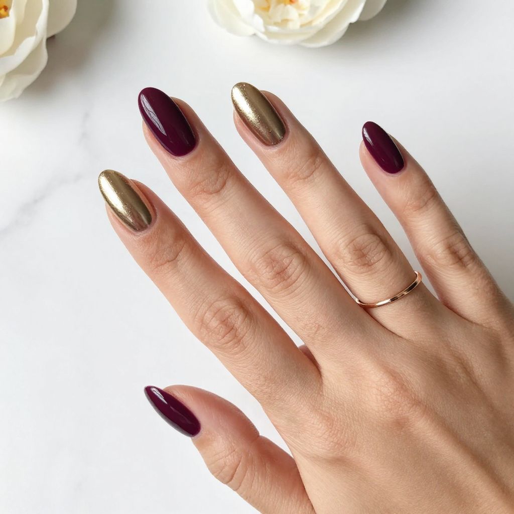 Deep Plum with Metallic Accent Nail