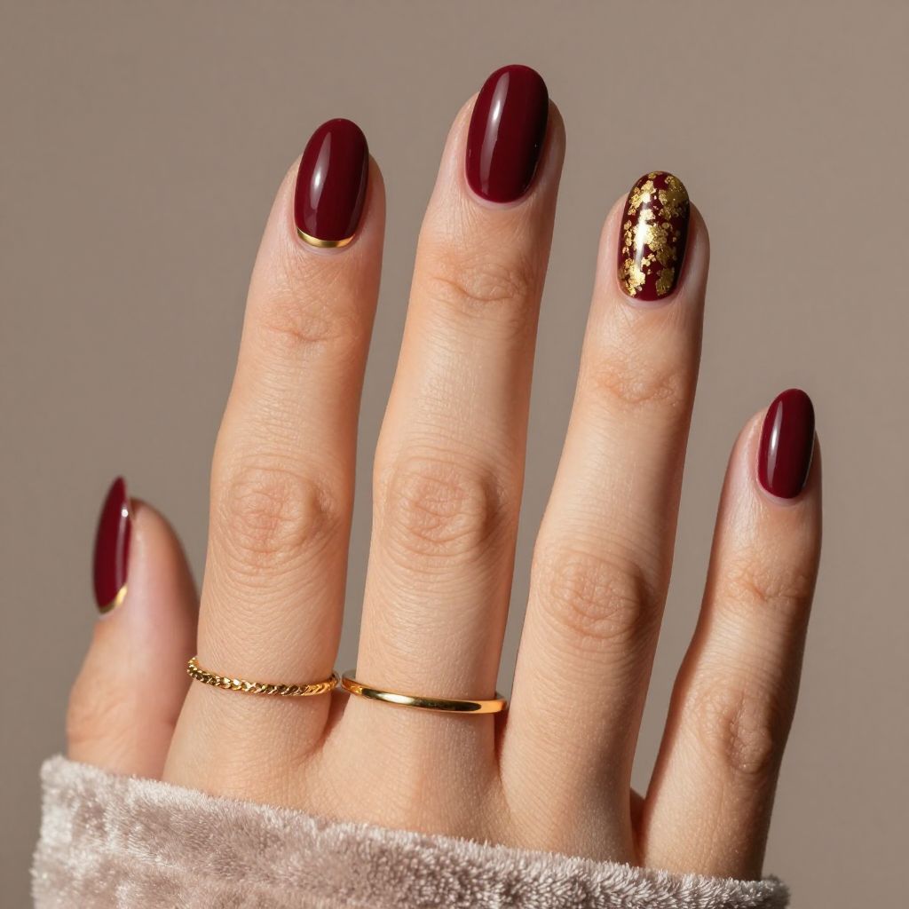 Deep Burgundy Oval Nails with Gold Leaf Accents