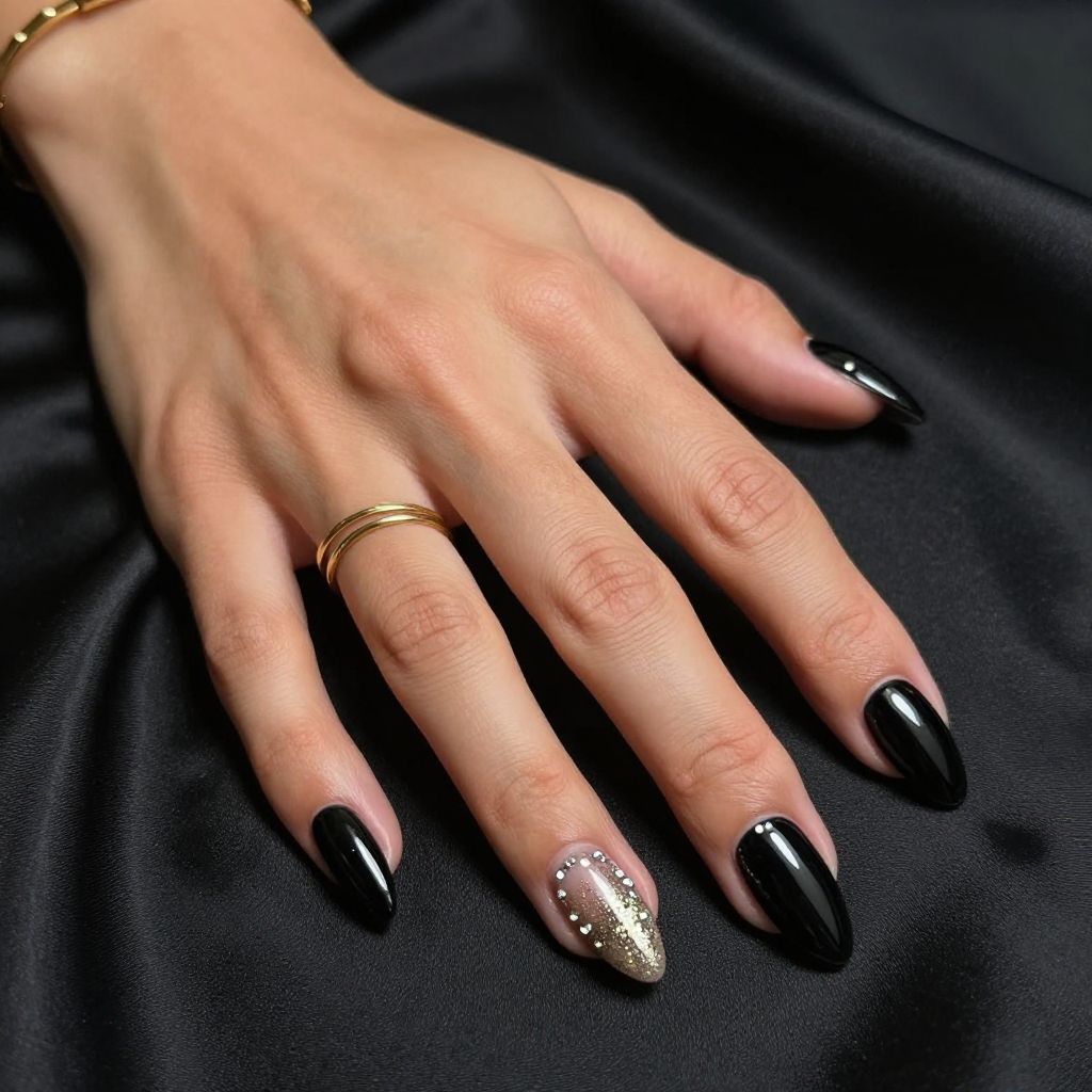 Jet Black Stiletto Nails with Crystal Embellishments