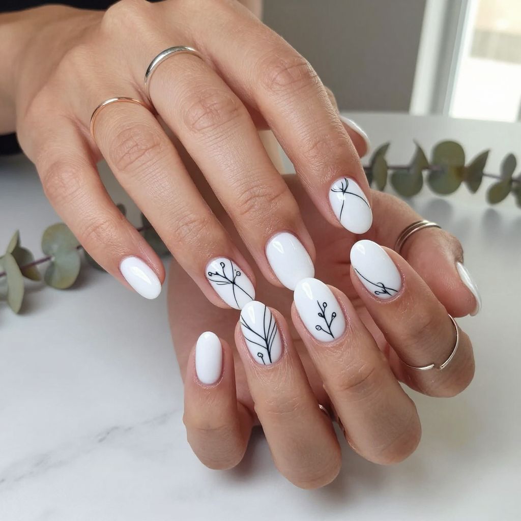 White with Delicate Black Line Art