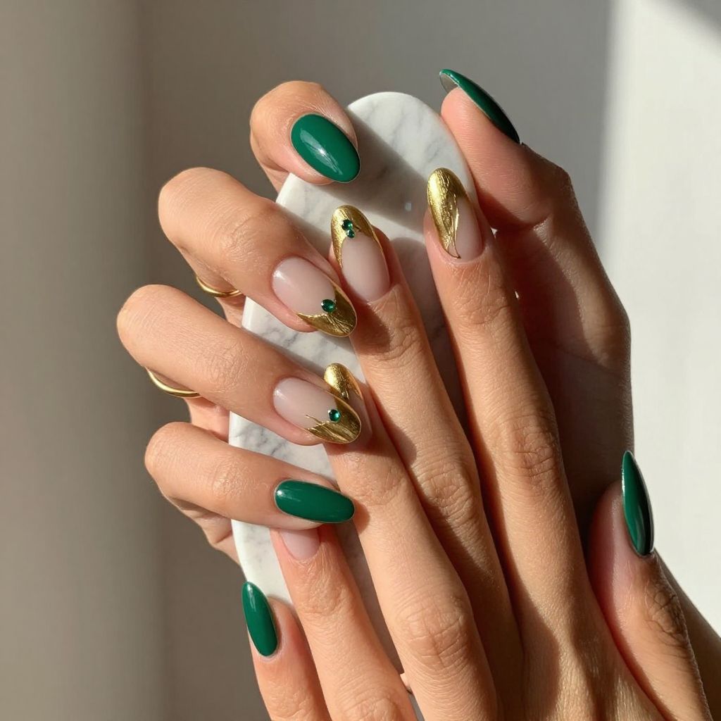 Emerald and Gold Foil French Nails