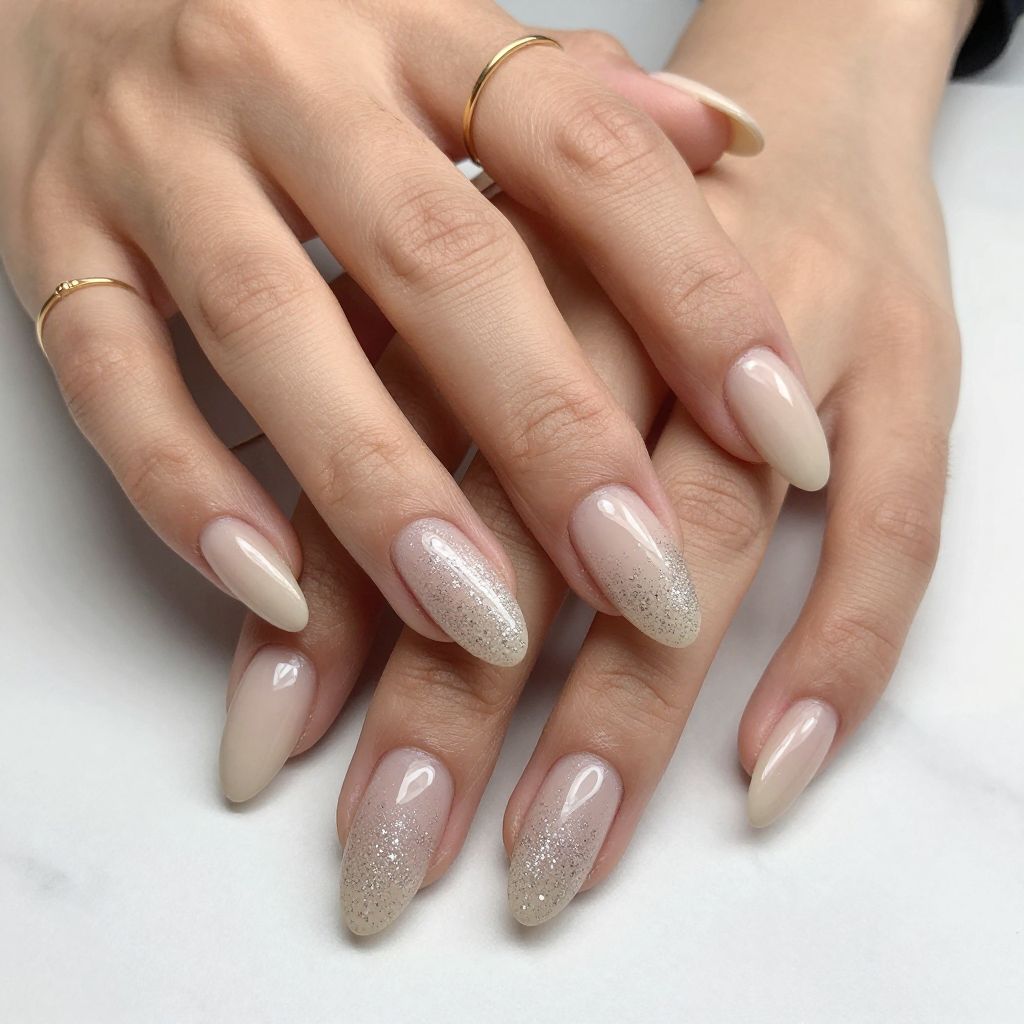 Nude and Silver Glitter French Nails