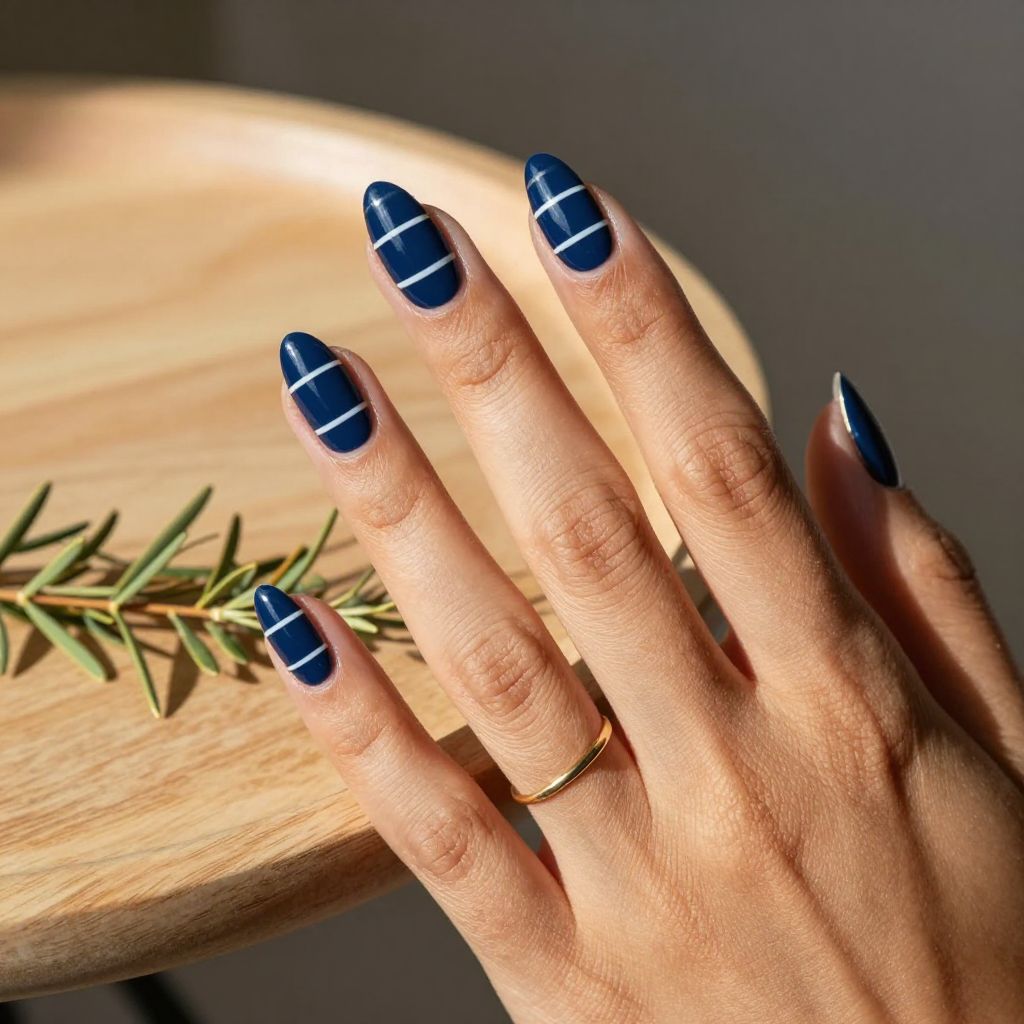 Navy and White Striped French Nails