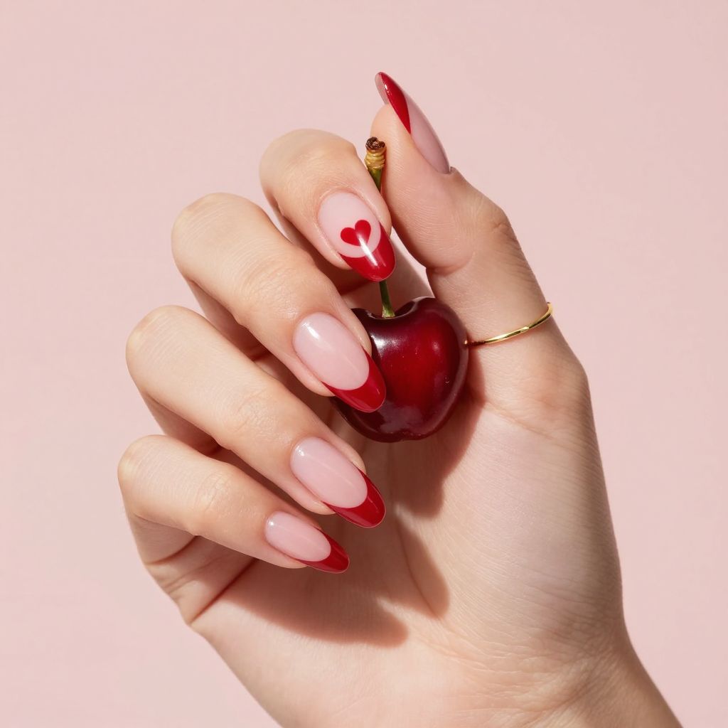 Cherry red French tip with heart accent stiletto nails