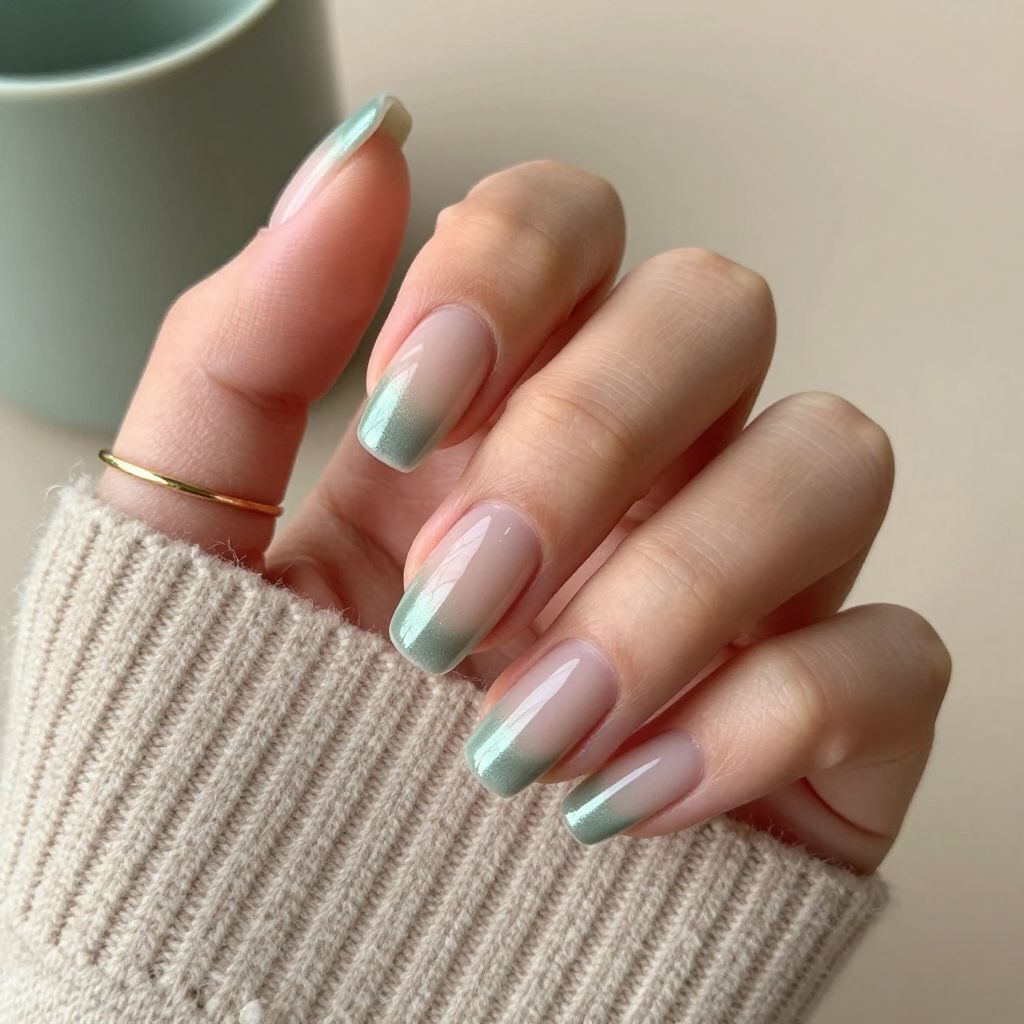 Sage velvet French tip coffin nails