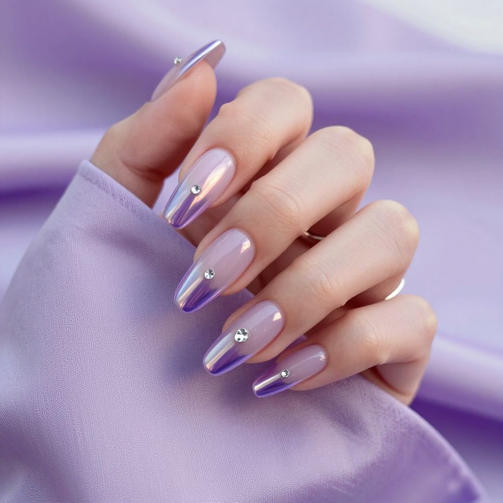 Lavender chrome French tip almond nails