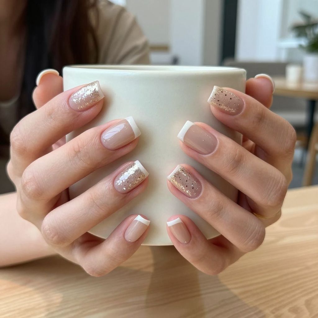 Champagne glitter French tip short square nails