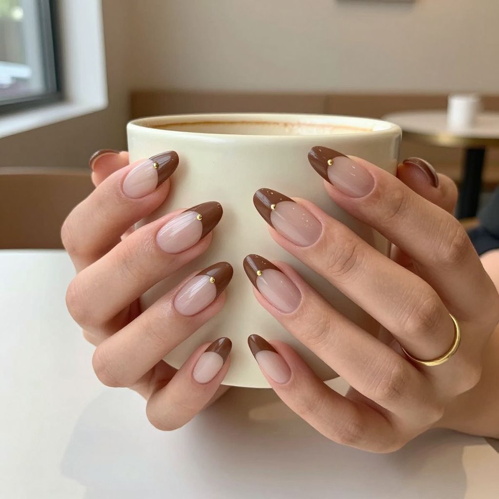 Matte mocha reverse French almond nails