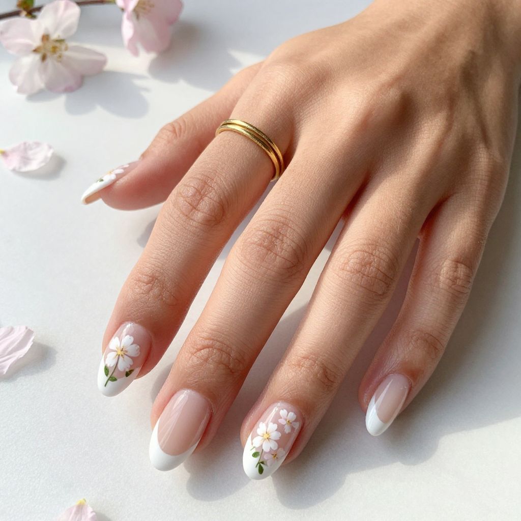 Floral French Tips with Hand-Painted Details