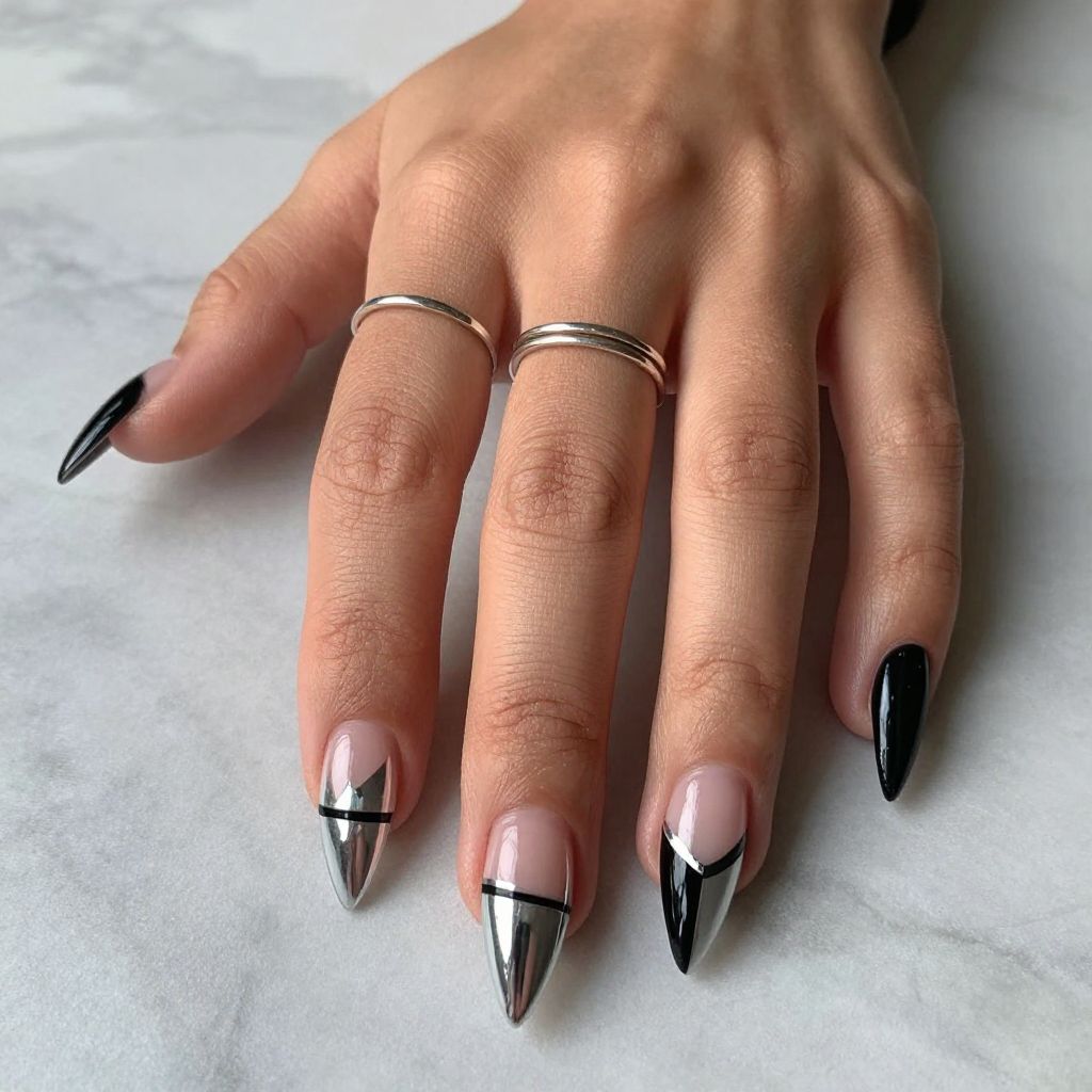 Geometric French Tips with Chrome Details