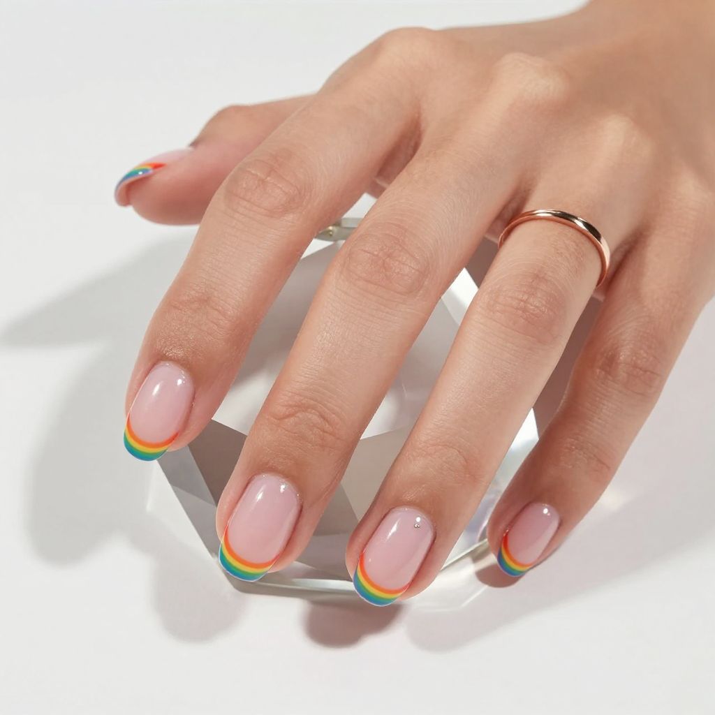 Rainbow micro stripe French tip nails