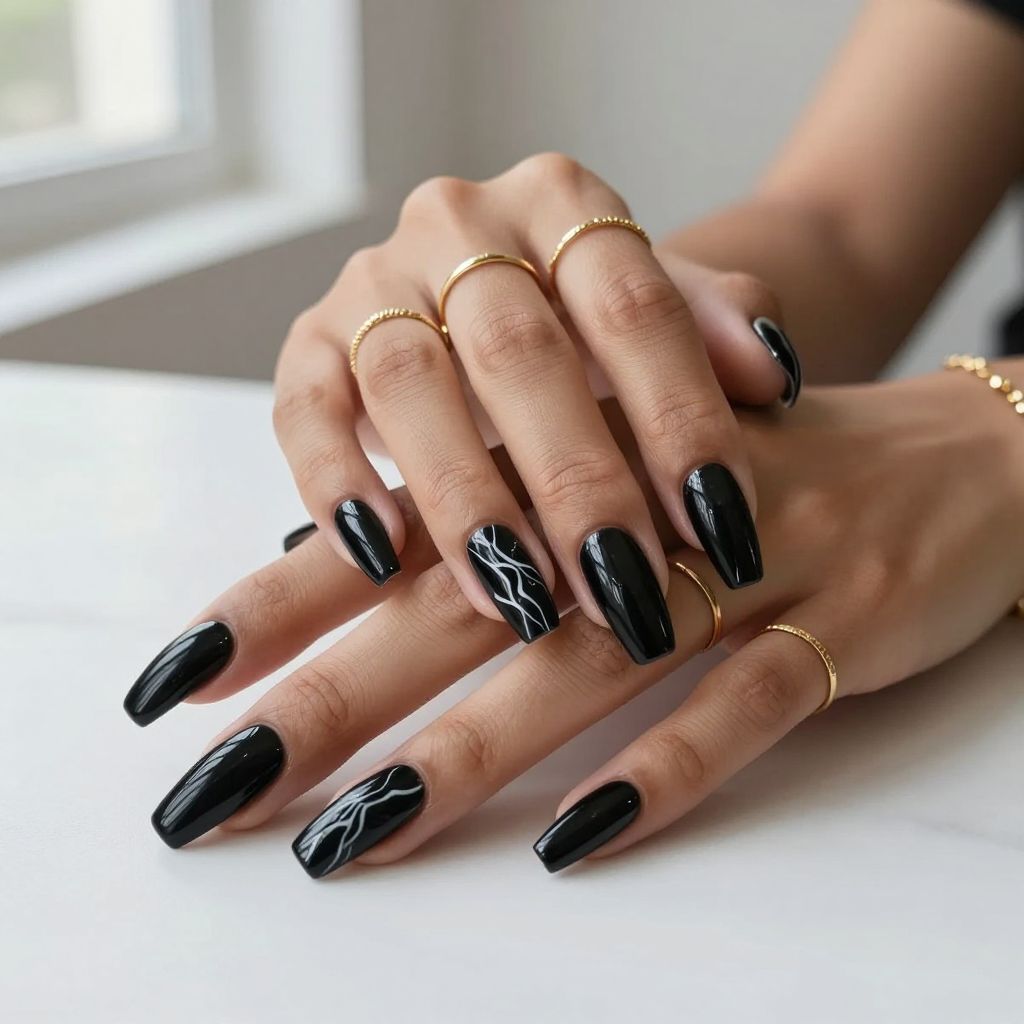 Jet Black with White Marble Veining