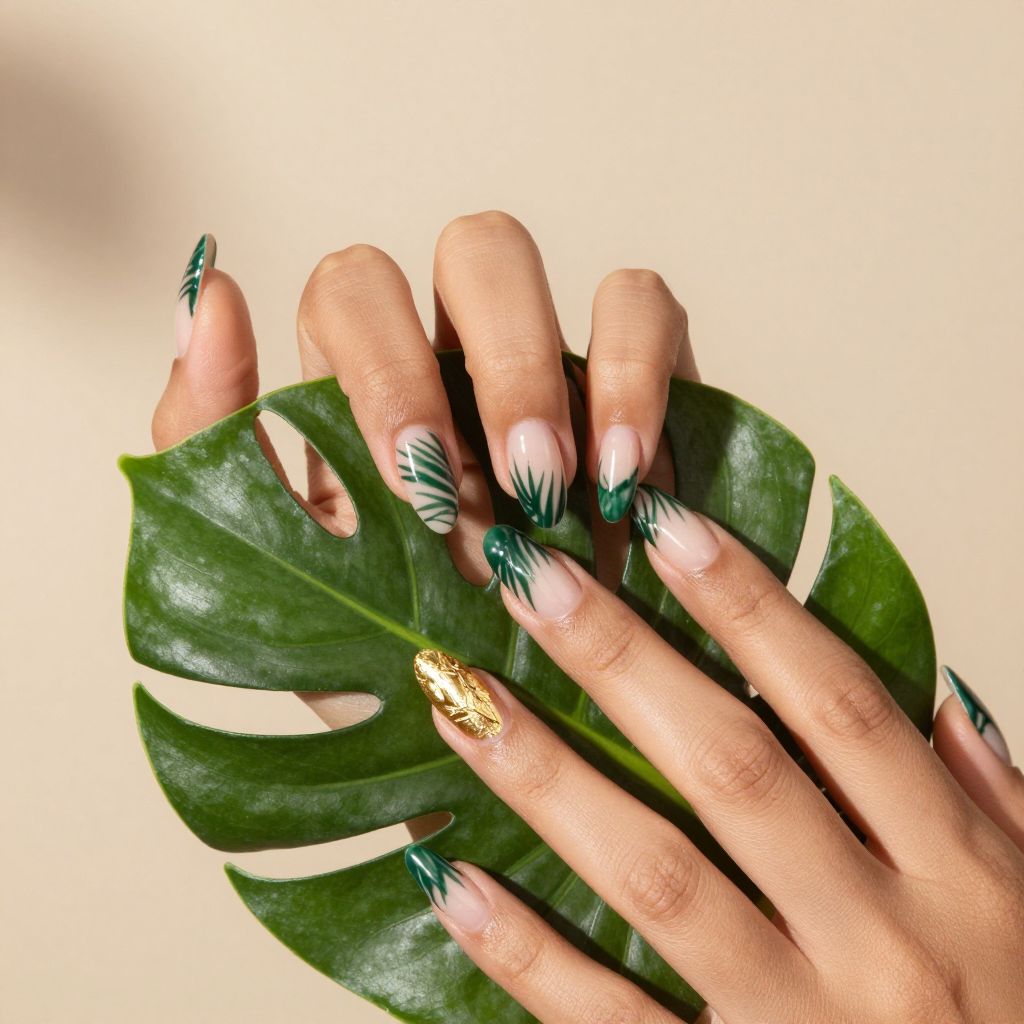 Jungle leaf negative space gel nails