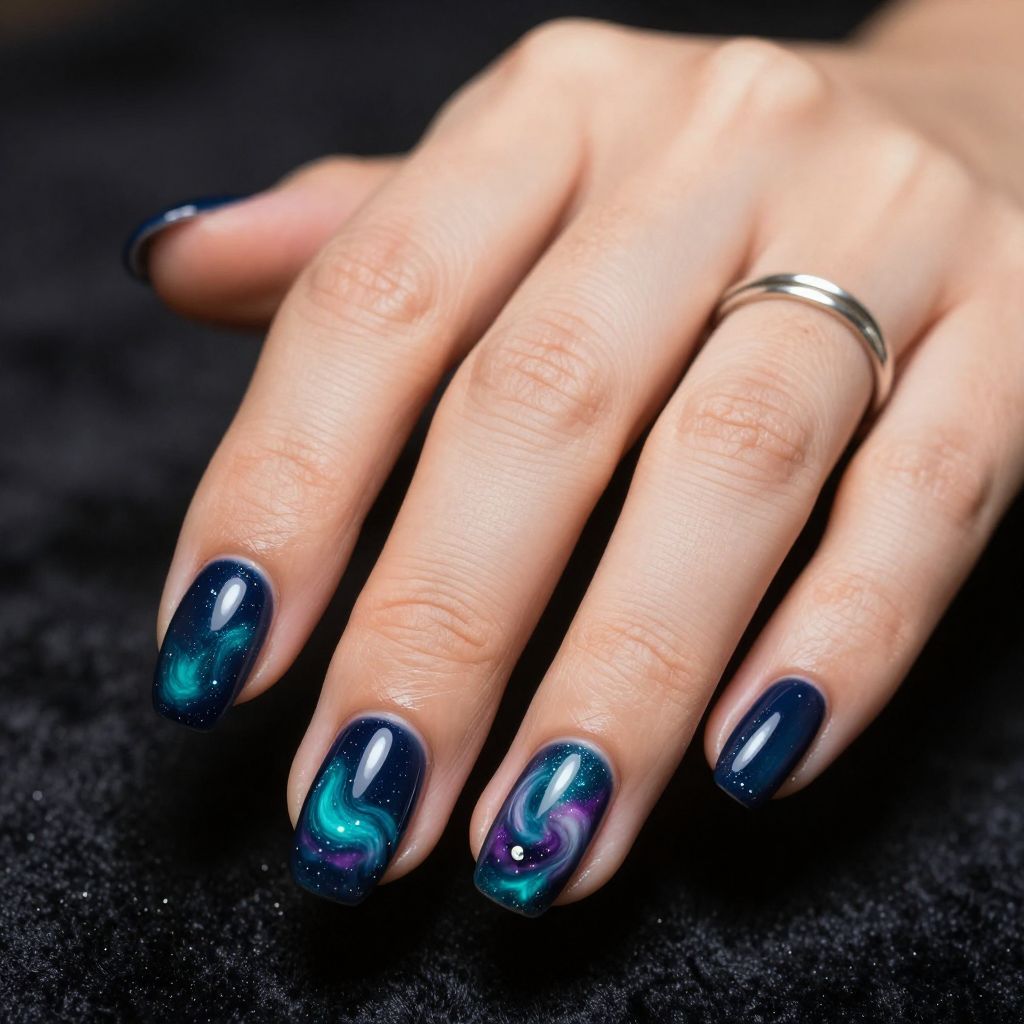 Midnight galaxy sparkle gel nails