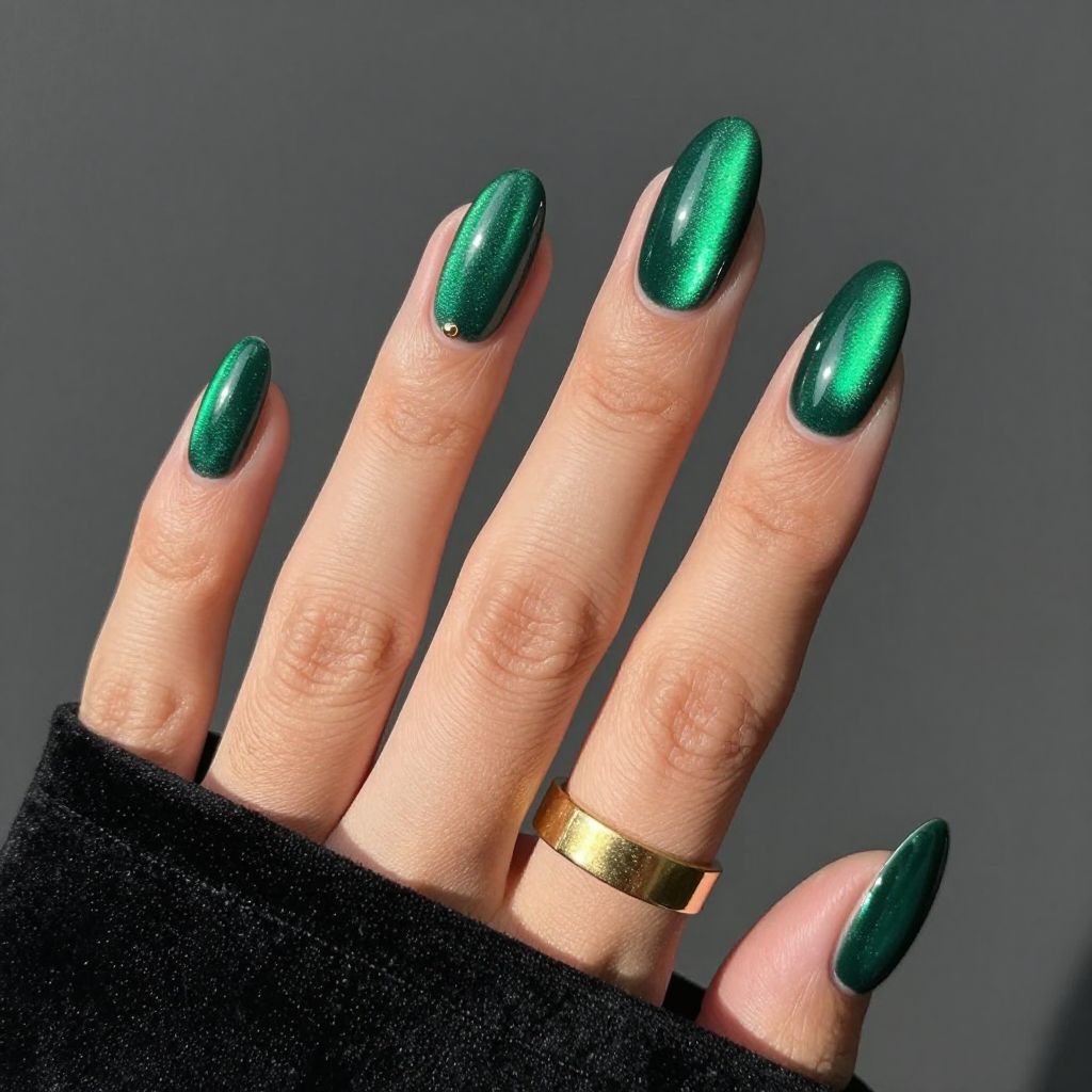 Emerald velvet cat eye gel nails