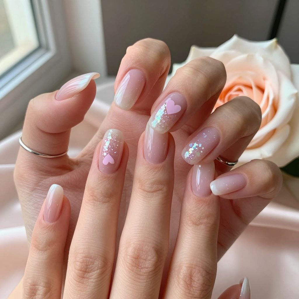 Milky pink aura gel nails with hearts