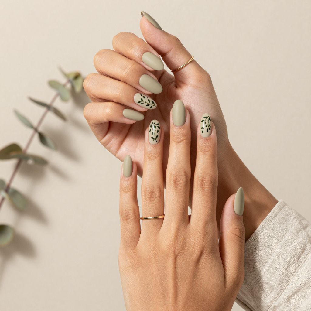 Olive Leaf Accent Gel X nails