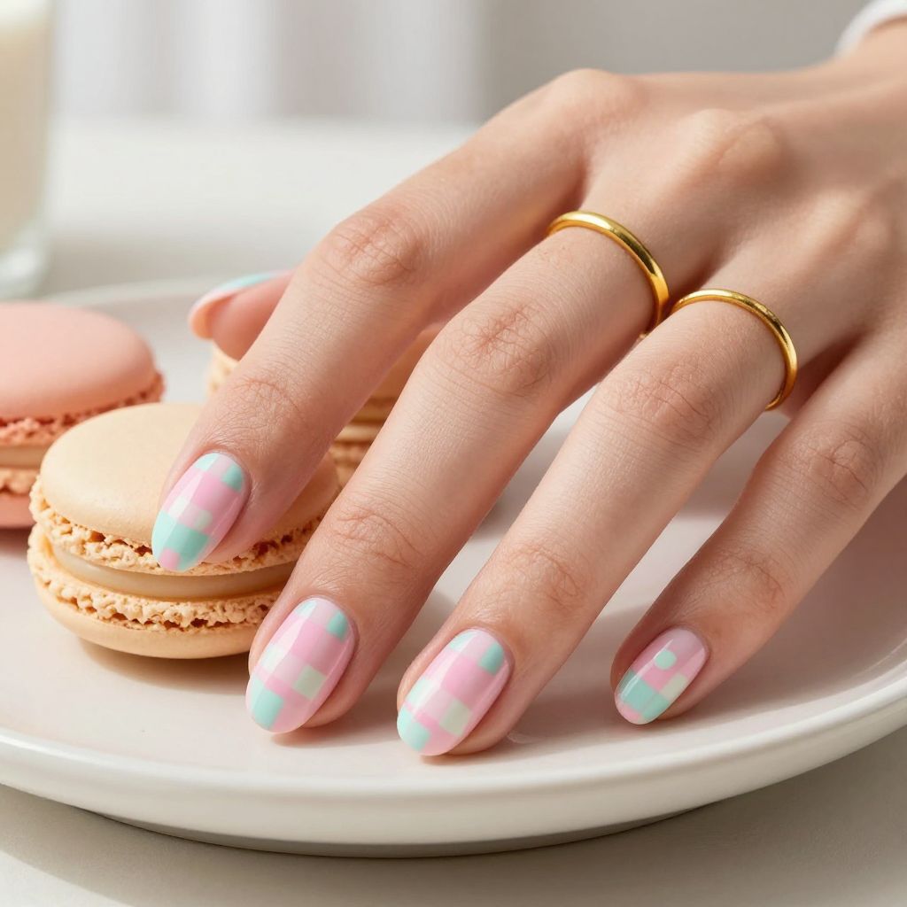 Pastel Checkerboard Gel X nails