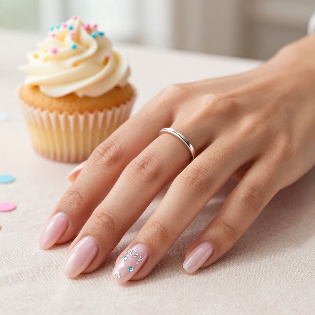 Milky pink nails with baby crystal charms