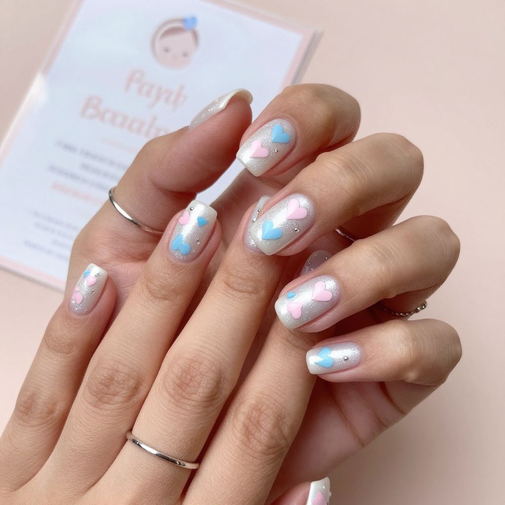 Pearl white nails with pink and blue stamped hearts