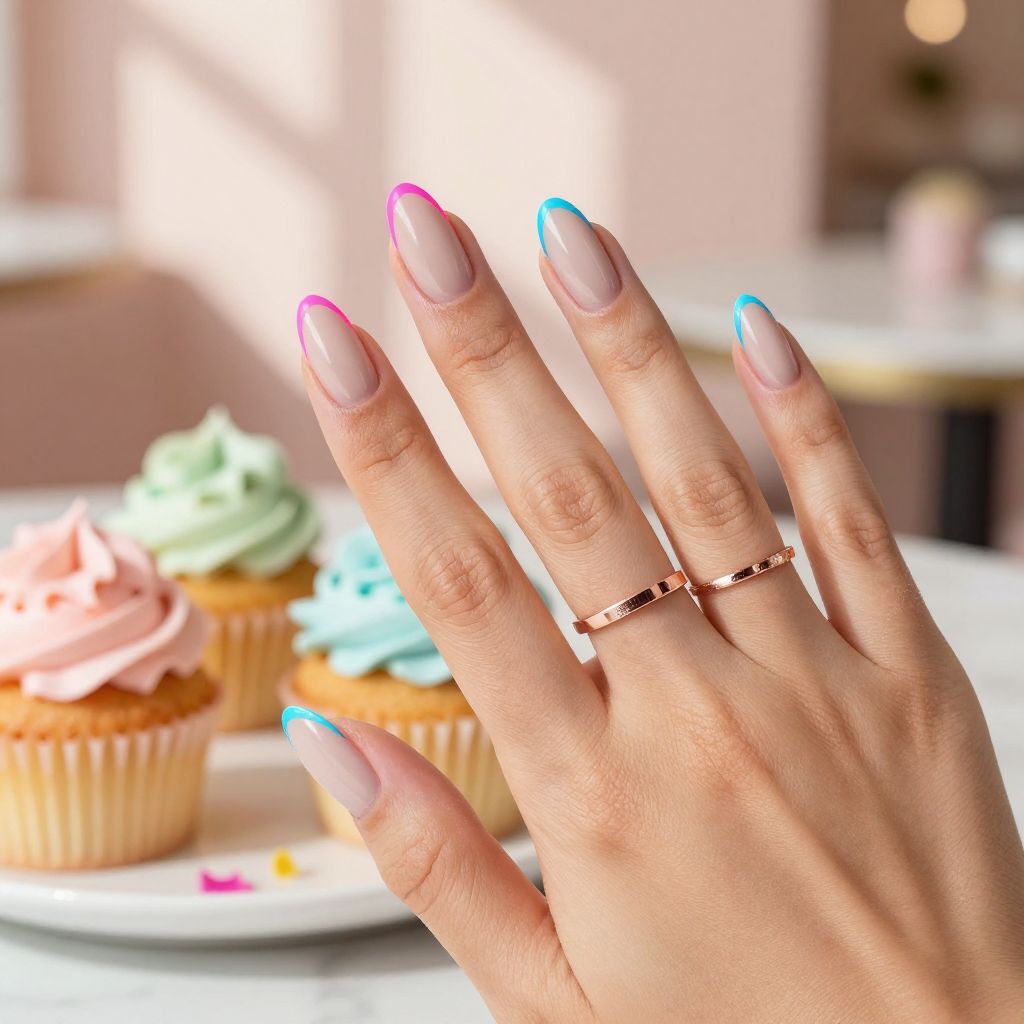 Neutral nude nails with neon pink and blue outline