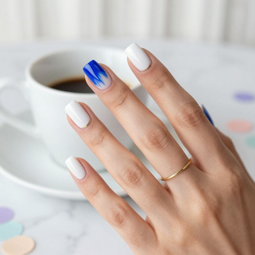 White nails with blue splash accent