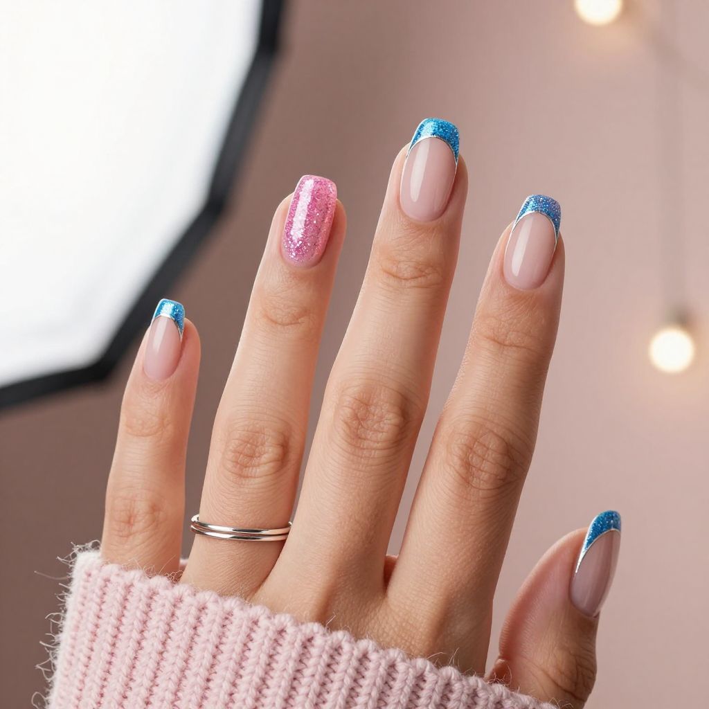 Pink and blue glitter french tips