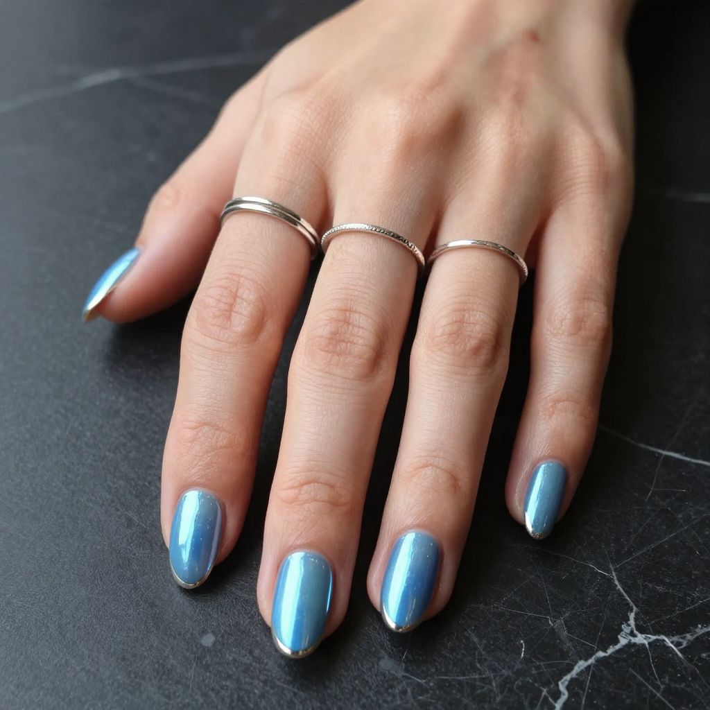 Blue Chrome Almond Nails