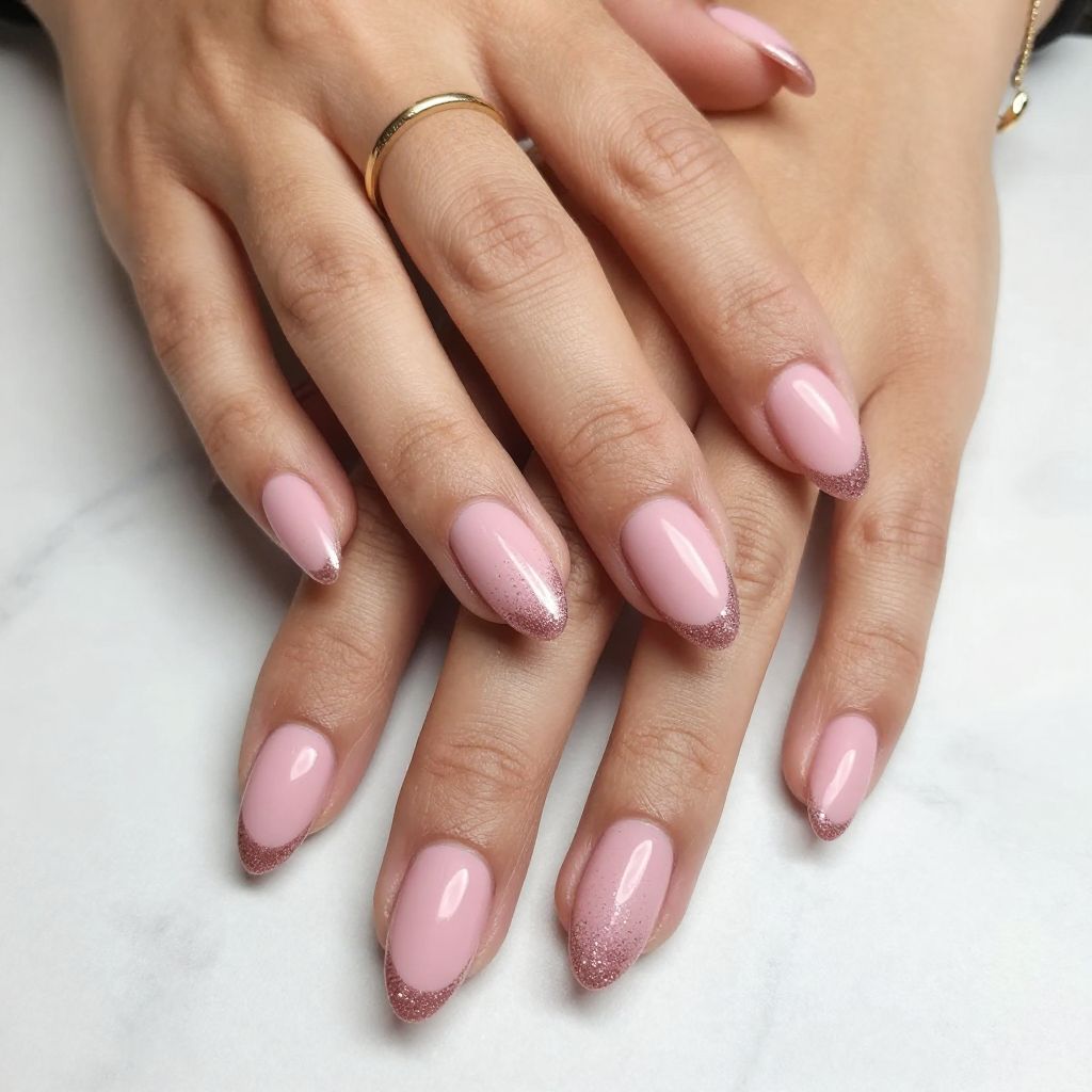 Matte Pink with Glossy Glitter Tips