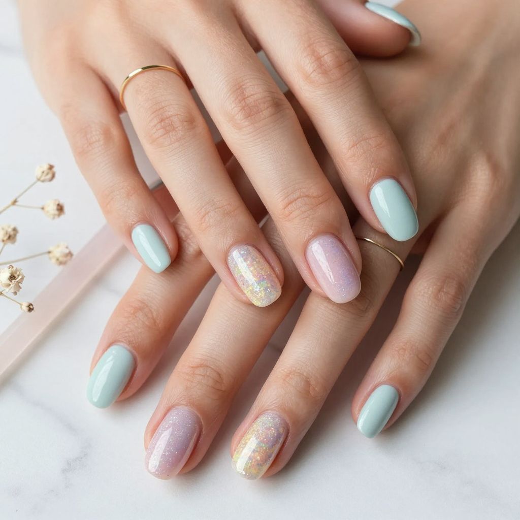 Pastel Glitter Rainbow Nails