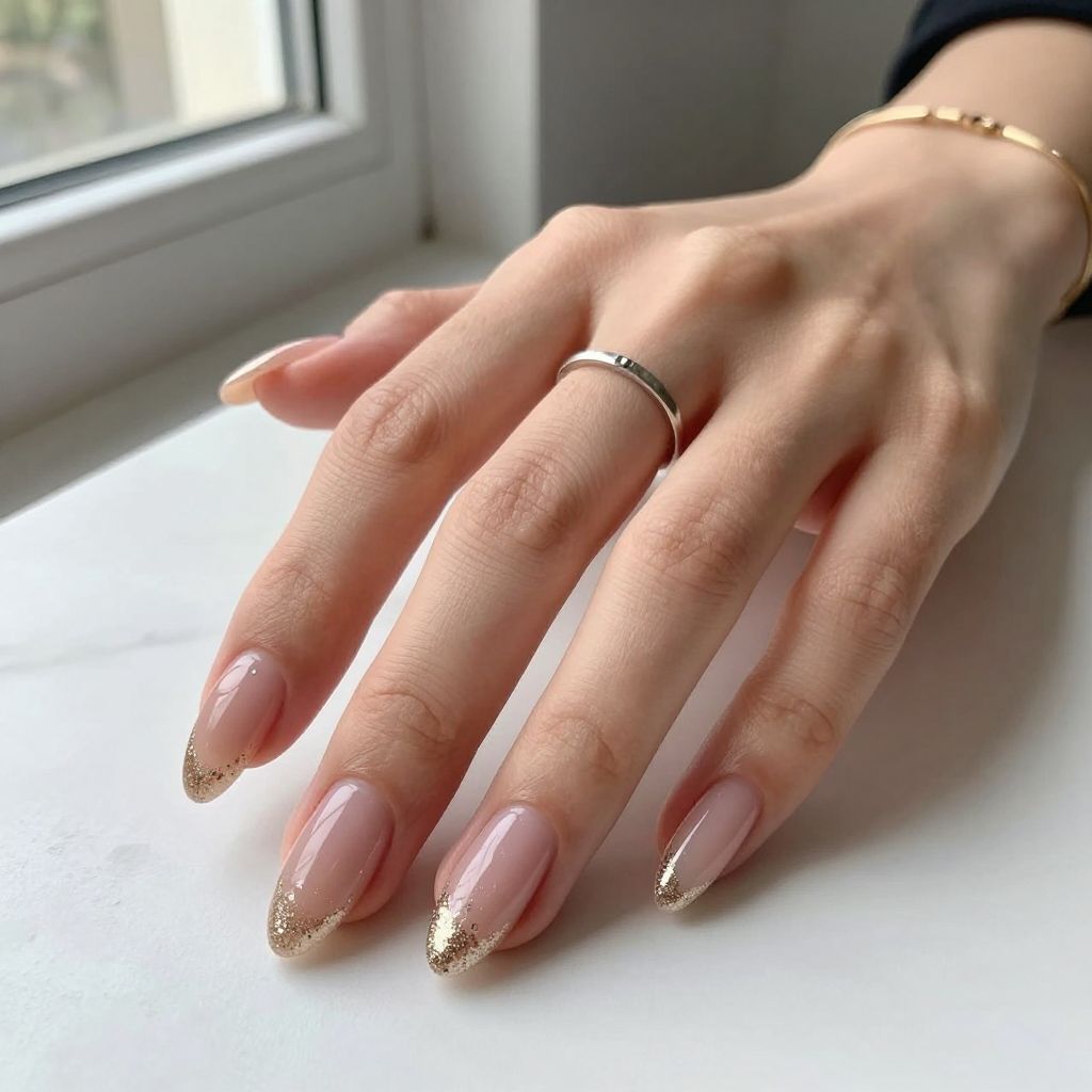 Soft Champagne Glitter Almond Nails