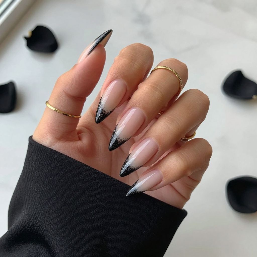 Black Glitter Edge Stiletto Nails