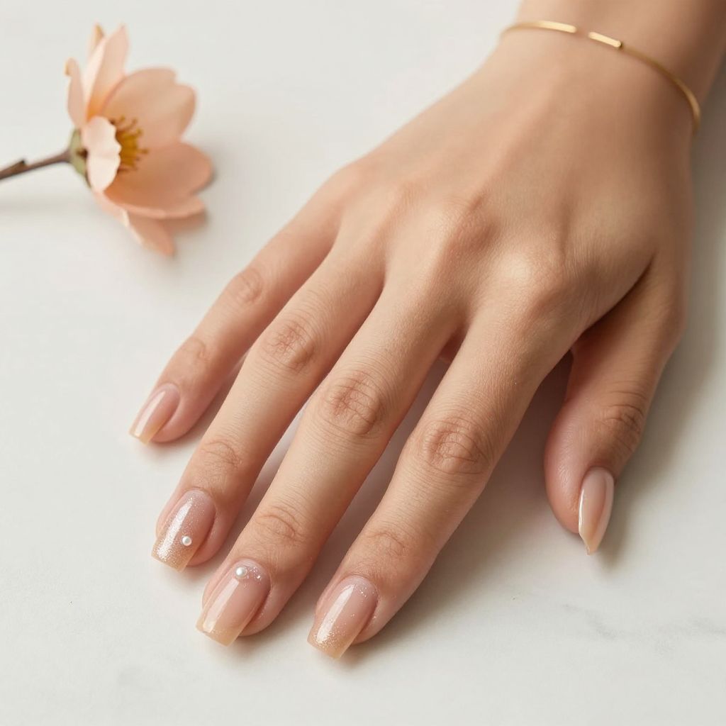Peach Glitter Soft Square Nails