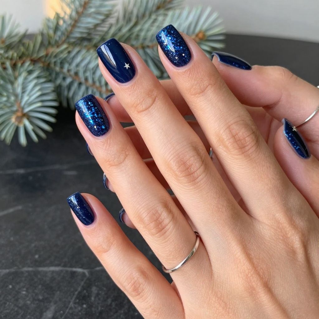 Midnight Blue Sparkle Square Nails