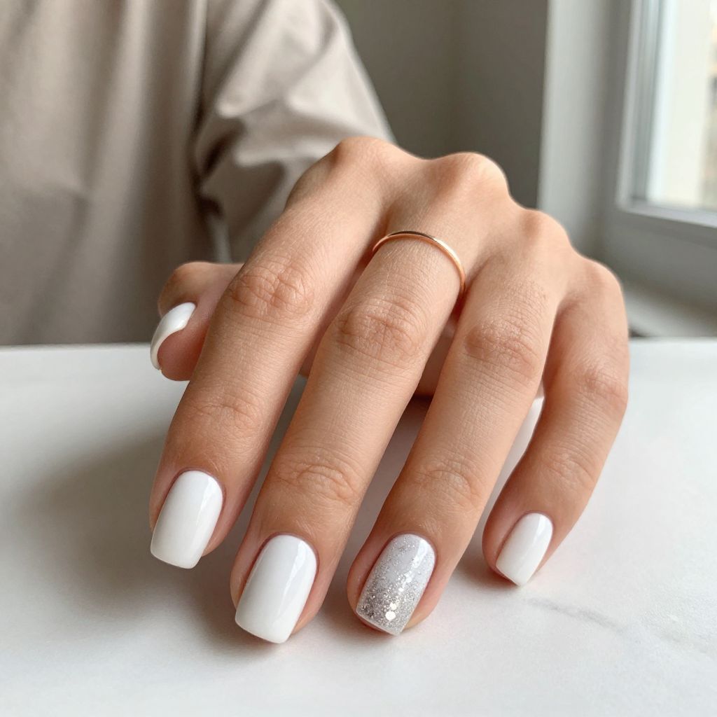 White Matte Base with Glitter Accent Nails