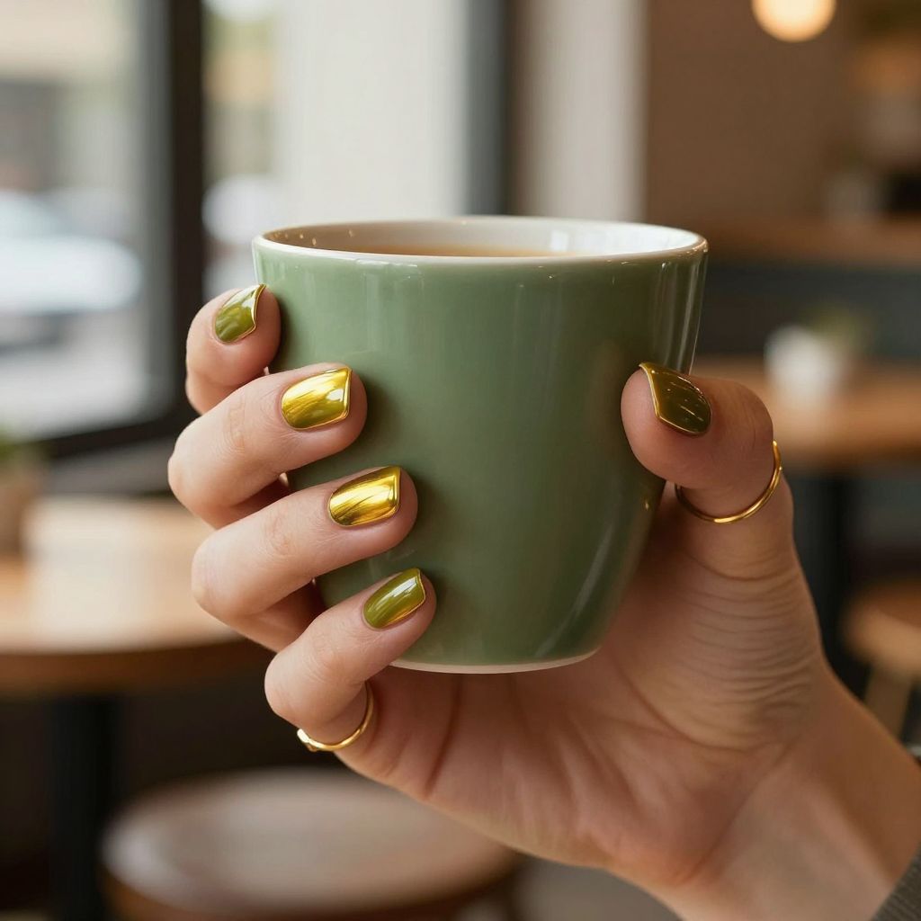 Olive Green and Gold Pop nail design