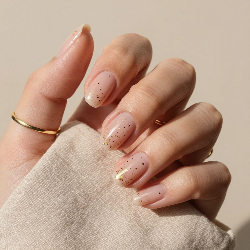 Nude Base with Gold Flakes nail design