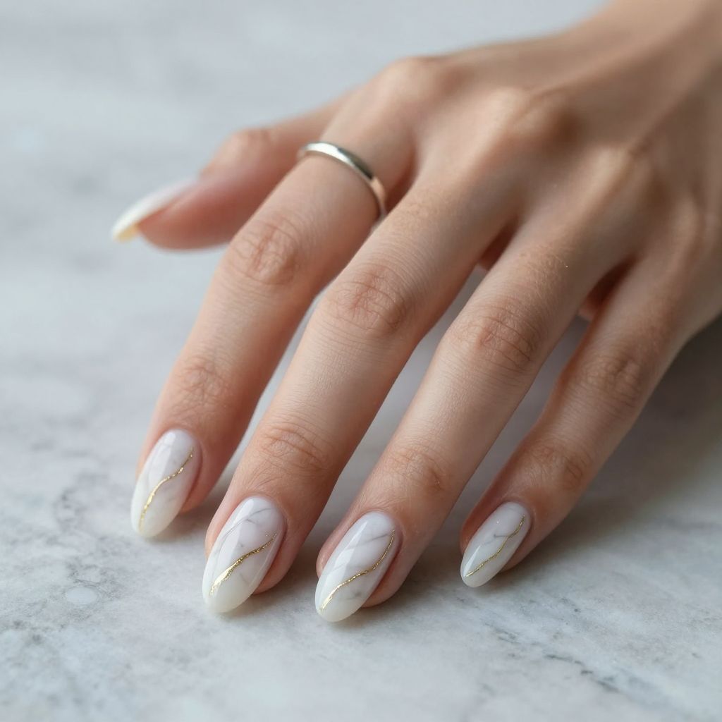 White Marble with Gold Veins nail design