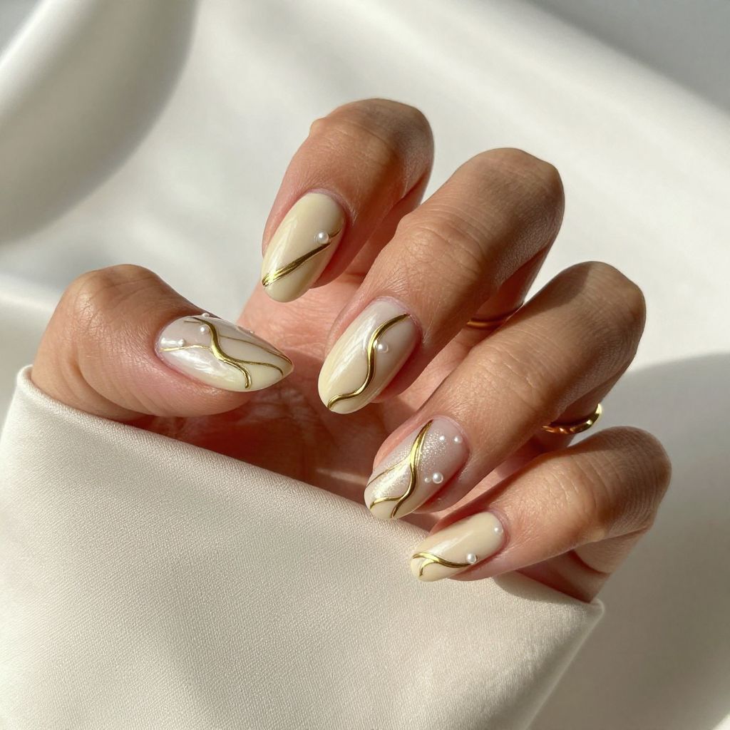 Pearl and Gold Swirl nail design