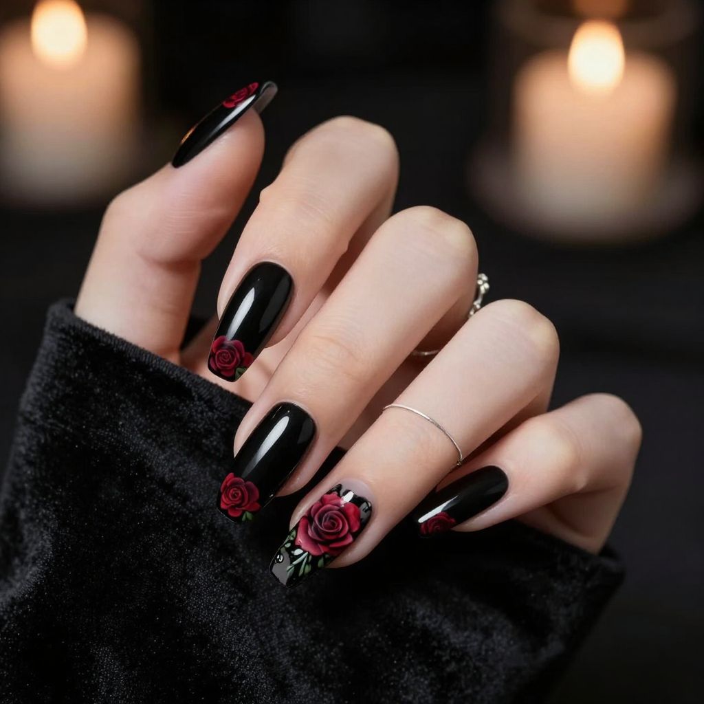 Roses on obsidian goth nails