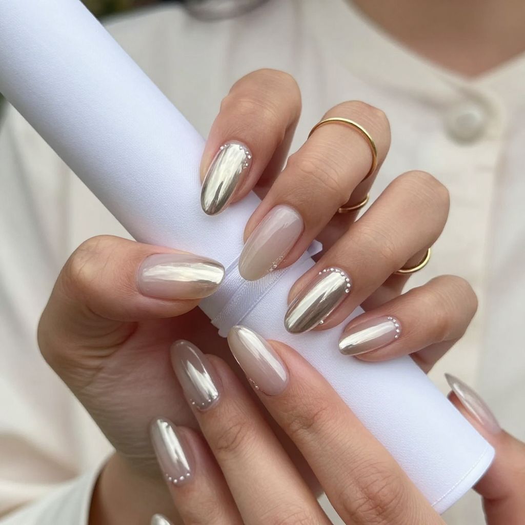 Champagne Chrome Flash graduation nails
