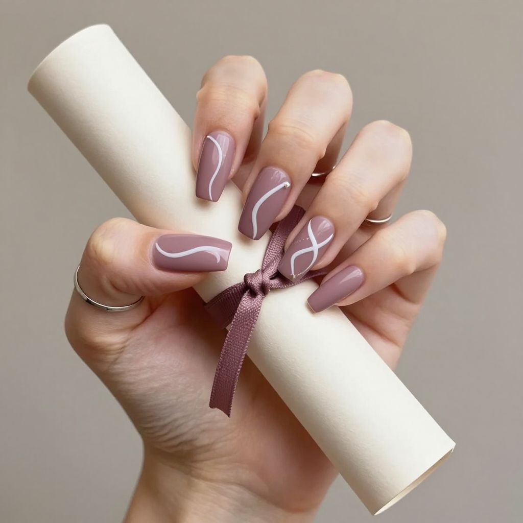 Satin Mauve With White Line Art graduation nails