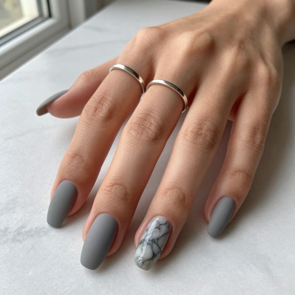 Gray Nail Ideas - Matte Stone Gray Coffin Nails