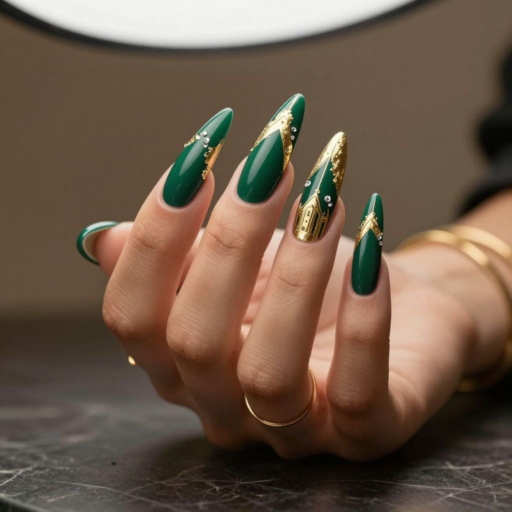 Green and gold nail inspo design 1