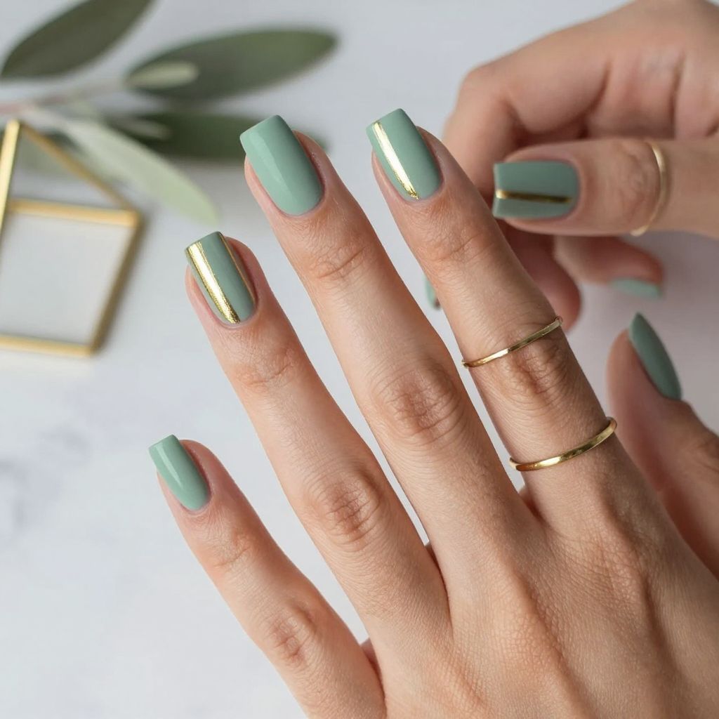 Green and gold nail inspo design 11