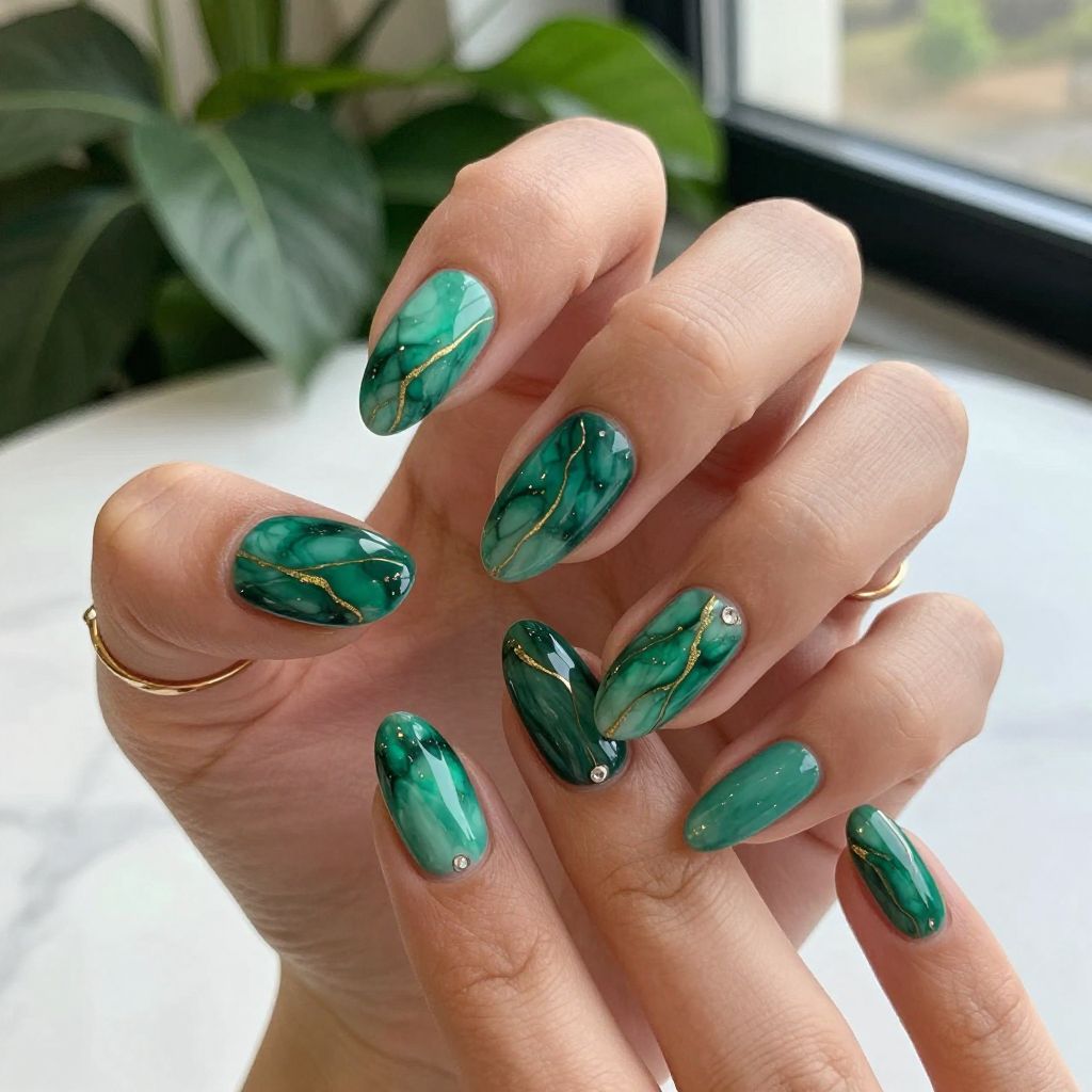 Green and gold nail inspo design 14